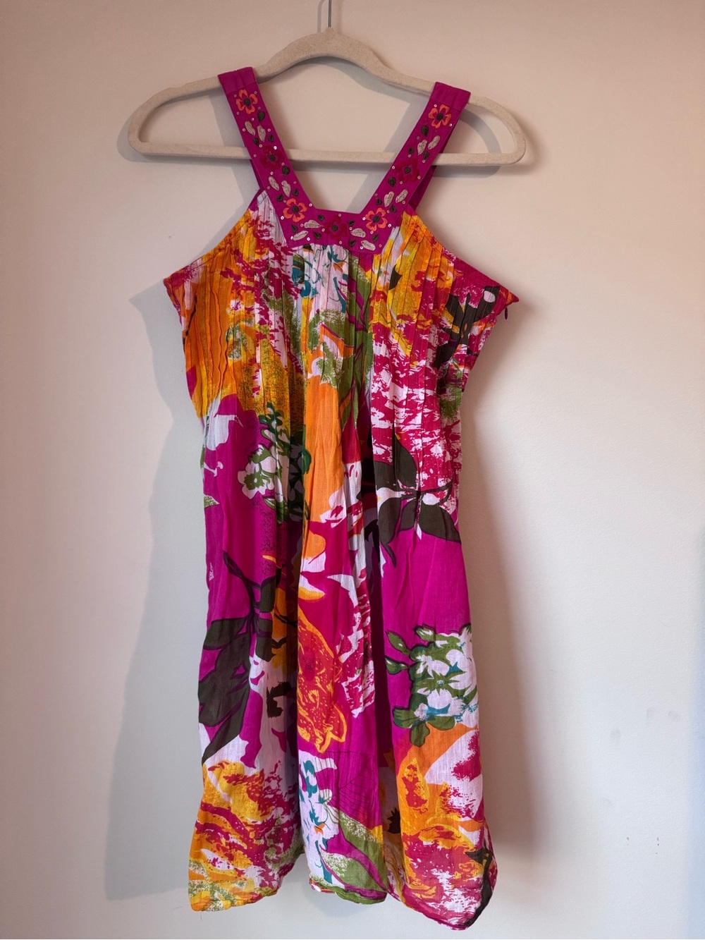 Bright bohemian beach Pink Floral Mini Resort wear Dress /%100 cotton - Picture 2 of 14